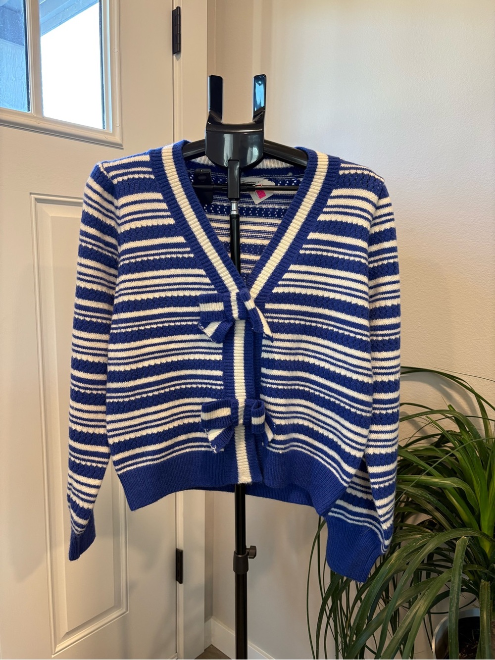 Striped Blue and White Tie-Front V-Neck Cardigan